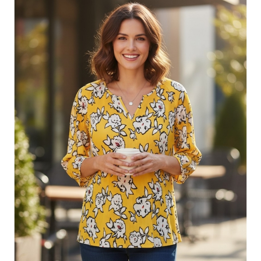 Pleione Pleated Floral Vneck 3/4 sleeve blouse Yellow Size XL